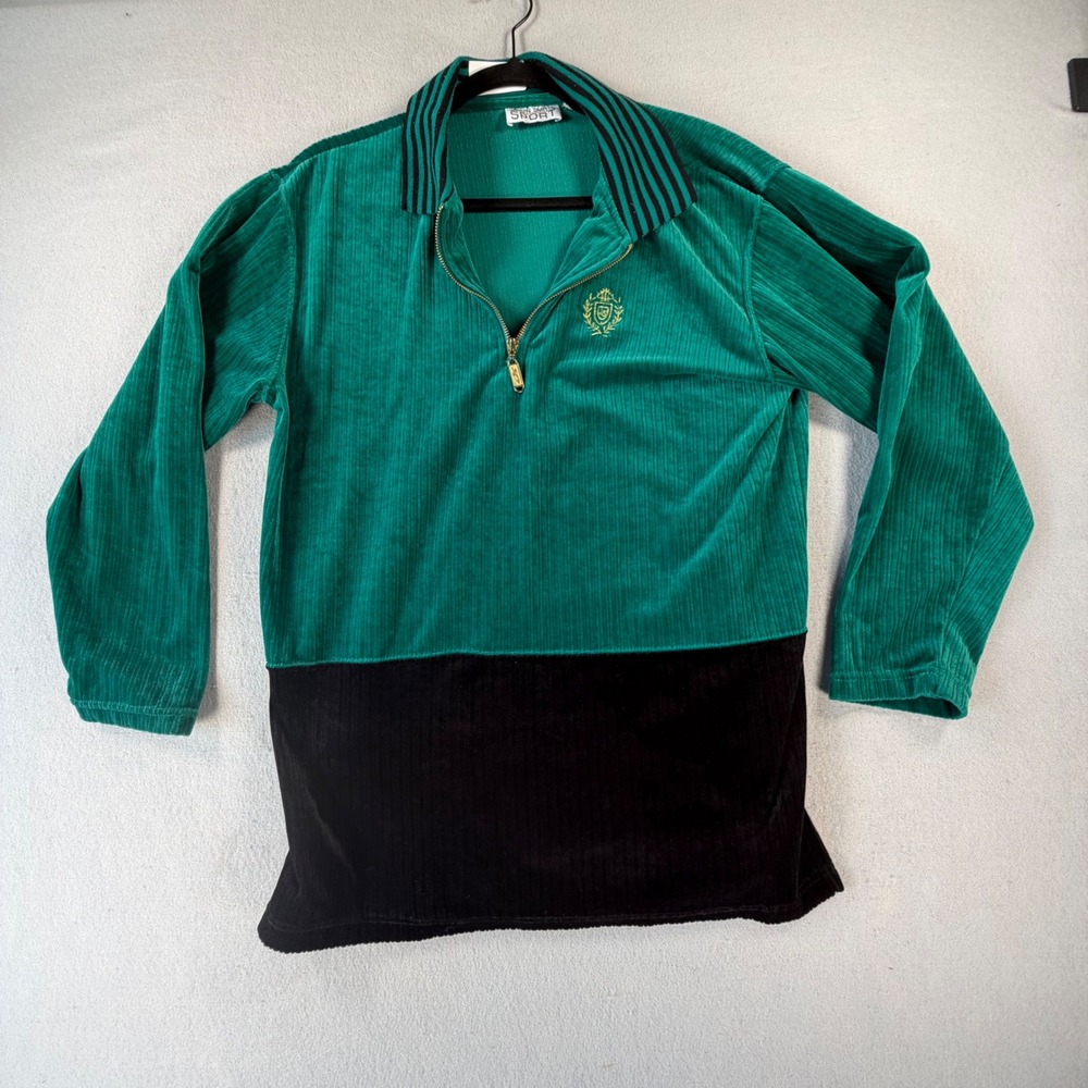 Jaclyn Smith Sport Womens M Green Black Velour Quarter Zip Y2K Colorblock Tunic